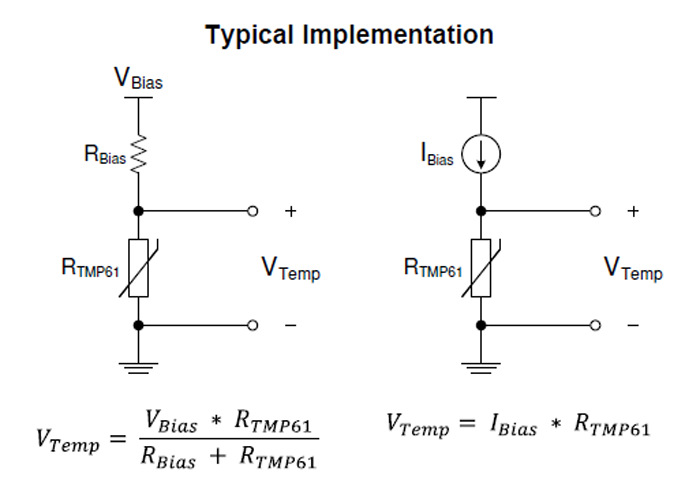 2.作為電阻組件，可以使用電壓源（左）或電流源（右）來驅動熱敏電阻。實際上，大多數電壓驅動電路使用比例布置來消除源漂移的影響